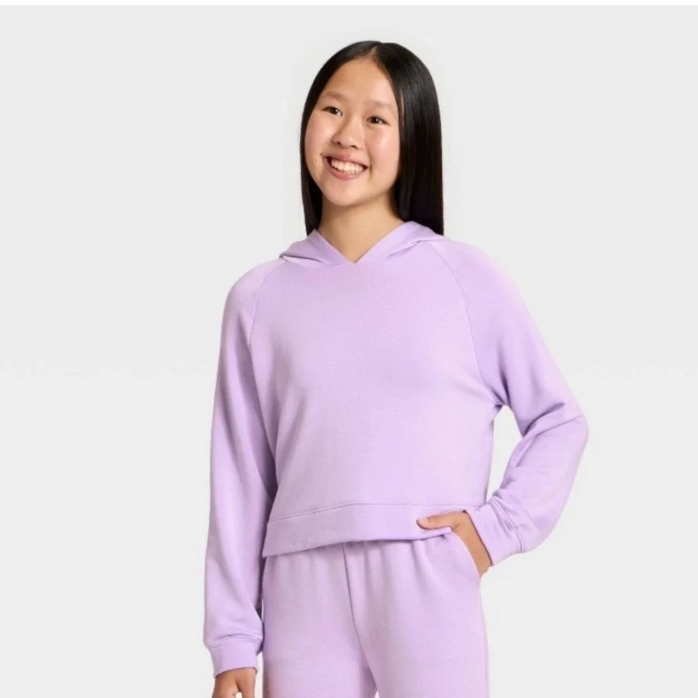 All in Motion Girls Lavender Pullover Hoodie Cropped Relaxed Fit Purple Size M 8